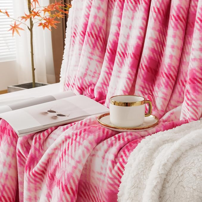 Sherpa Plaid Throw Blanket, 60" X 70" Fuzzy Fluffy Cozy Soft Blanket, Fleece Flannel Plush Twin Size Microfiber Blanket for Couch Bed Sofa, White&Pink