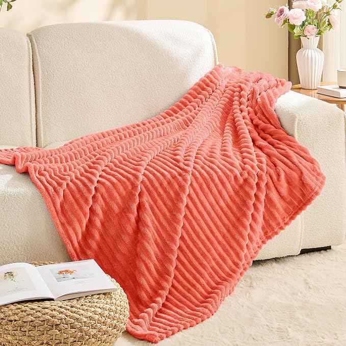 BEDELITE 3D Ribbed Coral Red Fleece Throw Blanket for Couch, 50x60 Inch | Soft Warm Decorative Fluffy Blanket, Cozy Plush Lightweight Fuzzy Throw Blanket for Bed Sofa Home Room Decor, Gift for Women