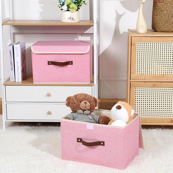 ANMINY Fabric Storage Box Bins with Lids, Pink, 15"x10"x10", 2 Pack | Keepsake Memory Storage, Cotton Linen, PP Board Reinforced, Washable, PU Handles, Foldable & Stackable, Decorative, Large