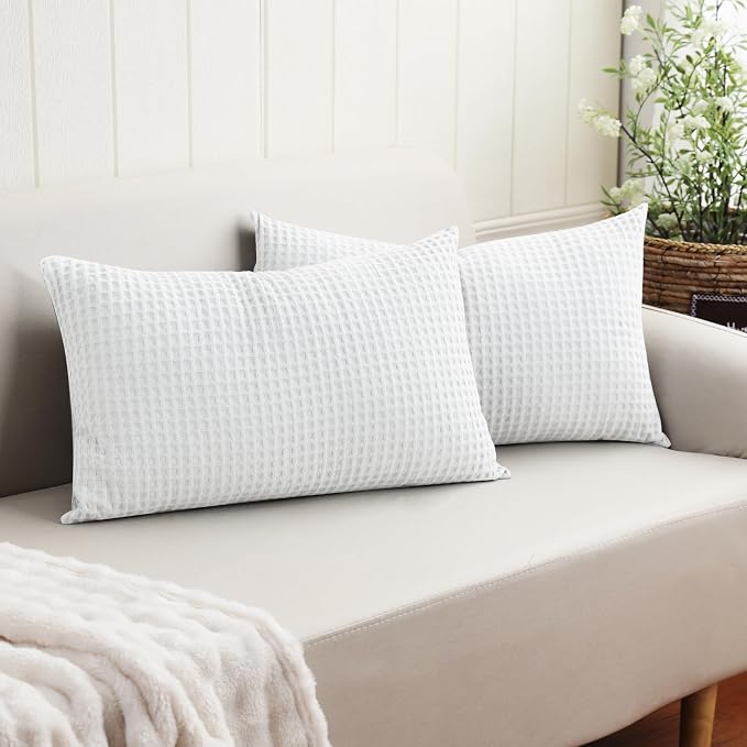 100% Egyptian Cotton 600 TC Waffle Weave Lumbar Pillow Covers 2 Pack | Ultra Soft Breathable Rectangle Throw Pillow Covers, Decorative Cushion Covers for Bed Couch Sofa Car, White, 12" x 20"