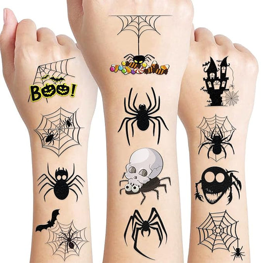 96 PCS Cute Funny Halloween Spider Pre-cut Temporary Tattoos Sticker Birthday Decorations Spider Web Bat Boo Day Festival Black Carnival Themed Party Favors Supplies Cute Boy Girl Adult Gifts