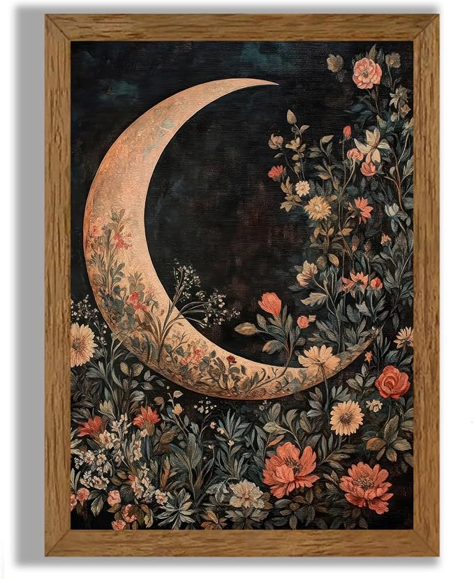 JLTULT Floral Moon Wall Art, Gothic Botanical Framed Canvas, 16 x 24 In | Dark floral moon art on fade-resistant canvas with a ready-to-hang wood frame for bedrooms, living rooms and bathrooms