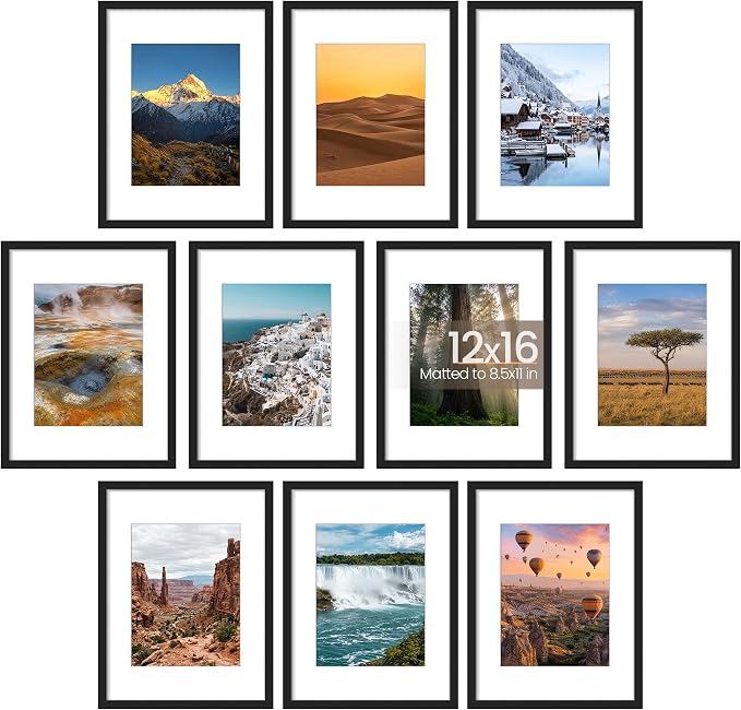 upsimples 12x16 Picture Frame Set of 10, Display Pictures 8.5x11 with Mat or 12x16 Without, Multi Photo Frames Collage for Wall Display, Black | Fit 8.5x11 and 12 x 16 Photos, Wall or Tabletop Display, For Gallery Hallway Living Room, For Christmas