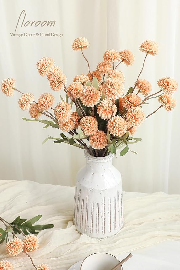 5pcs Apricot Peach Faux Silk Mums Artificial Flowers, Bulk Fake Small Mini Chrysanthemums with Stems for DIY Wedding Centerpieces Floral Arrangements Vase Fillers Home Decorations