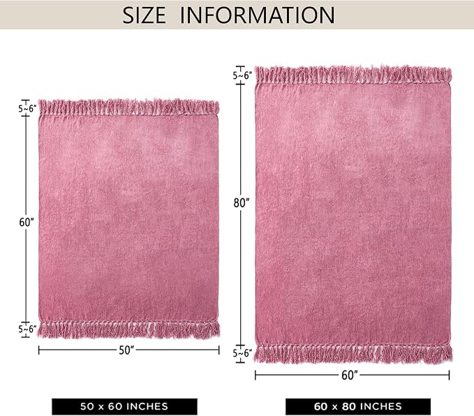 Chenille Throw Blanket for Couch 60" x 80" Twin, Rose Pink | Soft Cozy Warm Throws with Fringe Tassel, for Living Room Bed Sofa Chair Cover, Lightweight Knitted Decorative Boho Blankets