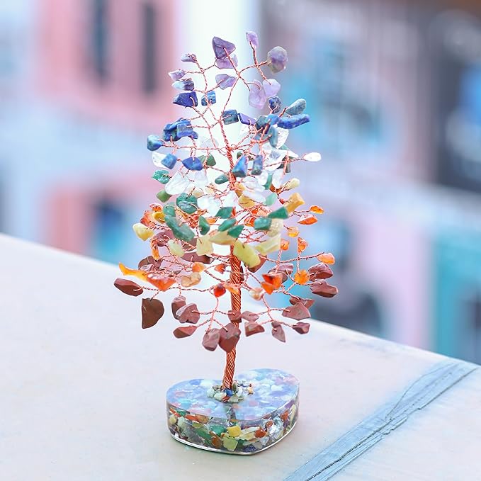 Crocon Crystals Heart Shape Base Tree 7 Chakra Healing Stones Reiki Crystals Spiritual Positive Energy Home Room Office Desk Decor Pink Gifts for Women Men & Mom Birthday Presents Unique
