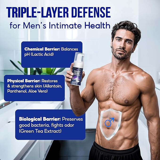ONIIZ Masculine Foam Perfume Intimate Wash for Men, Triple-Barrier Intimate Defense - Prevents Odor & Itching, Natural Ingredients, pH Balance - Sweet & Alluring Aroma 3.38 fl. oz
