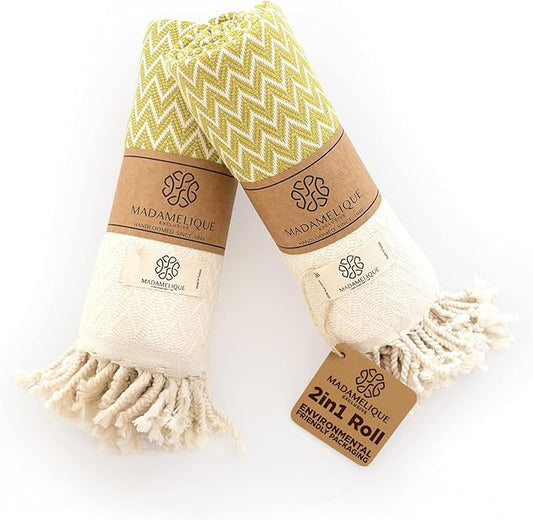 Madamelique Exclusive Hand Towels Set of 2-18 x 40 Inches - Decorative Bathroom Peshtemal Towel for Hand, Face, Hair, Yoga, Tea, Dishcloth, Kitchen and Bath - 100% Pure Cotton (Mustard)