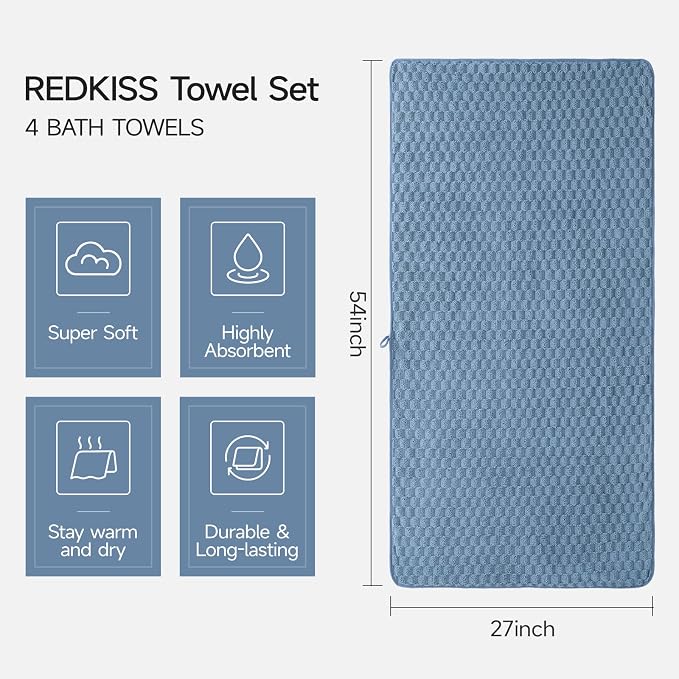 REDKISS Microfiber Bath Towels of 4-27x55 Inches Bath Towel Large, Highly Absorbent Towels for Bathroom, Quick Drying, Super Soft, Lint Free Fluffy Shower Towel for Gym, SPA, Ideal Everyday Use