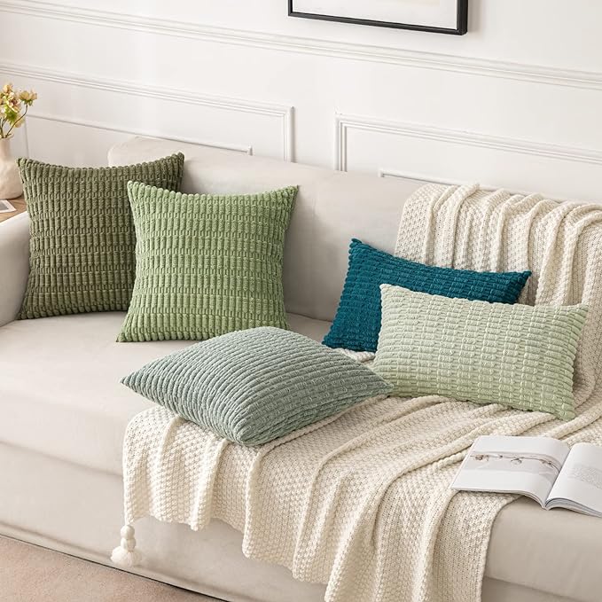 MIULEE Euro Sham Corduroy Decorative Throw Pillow Covers 22x22 Grey Green | Pack of 2 Soft Boho Striped Pillow Covers Modern Farmhouse Home Decor For Sofa Living Room Couch Bed