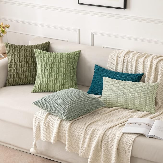 MIULEE Corduroy Decorative Throw Pillow Covers 16x16 Sage Green Pack of 2 | Soft Boho Striped Pillow Covers Modern Farmhouse Home Decor For Sofa Living Room Couch Bed