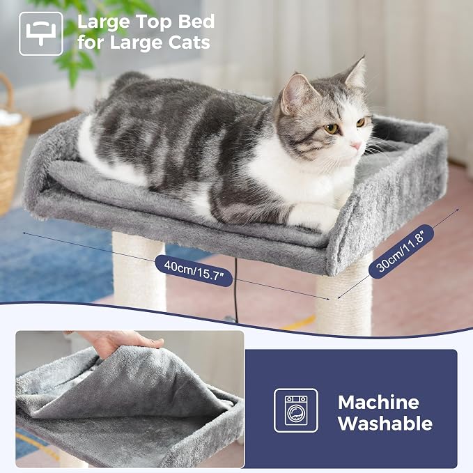 Cat Scratching Post Small Cat Tree with Cat Self Groomer, 15.7x13.7” Wide Top Bed, Natural Scratch Post and Danging Ball Great for Kittens and Average Indoor Cats-Medium Grey