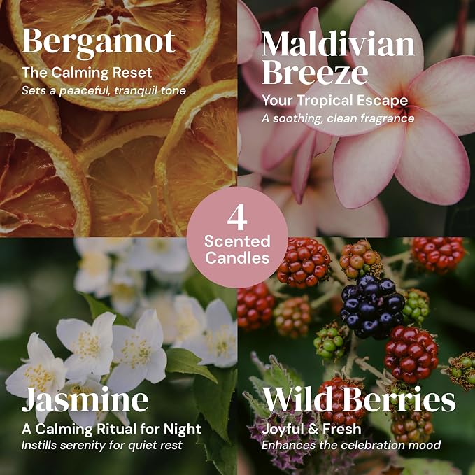 6-pc Scented Candle Gift Set for Women, Aromatherapy Inspired Adelegourdain | Incl. 4 Soy Wax Candles and 2 Fragrance Packets - Gift Ready Box - Scents incl. Bergamot, Maldivian Breeze, Jasmine, Berries