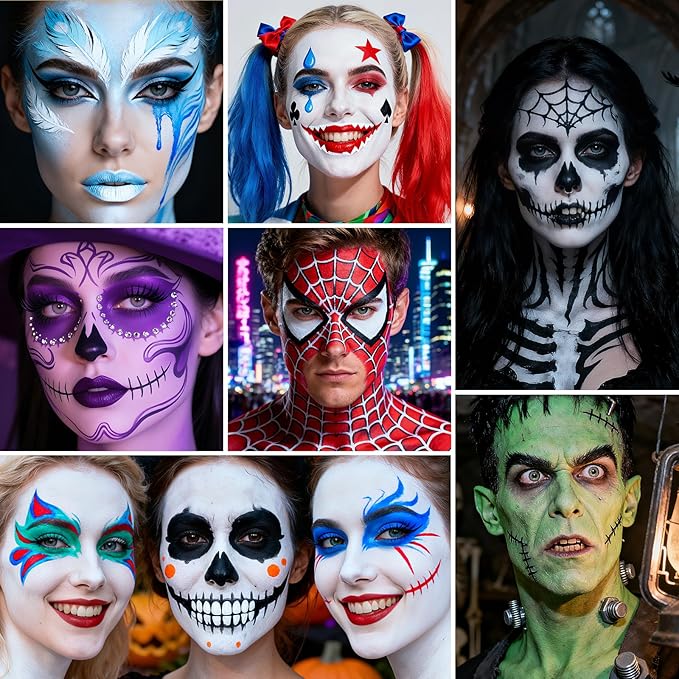 Black White Light Blue Face Paint - Water-Based Non-Toxic Face Body Paint Kit for Skeleton Ghost , Full Coverage Washable Formula for Halloween Cosplay ,Costume Parties, Stage Performances