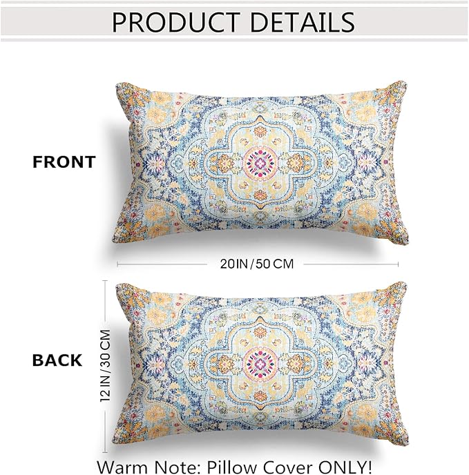 Snycler Boho Throw Pillow Covers 12x20 inch Set of 2 Burnt Blue Yellow Terracotta Rust Colored Throw Pillows Boho Home Decor for Bedroom Living Room Couch & Sofa (No Inserts)
