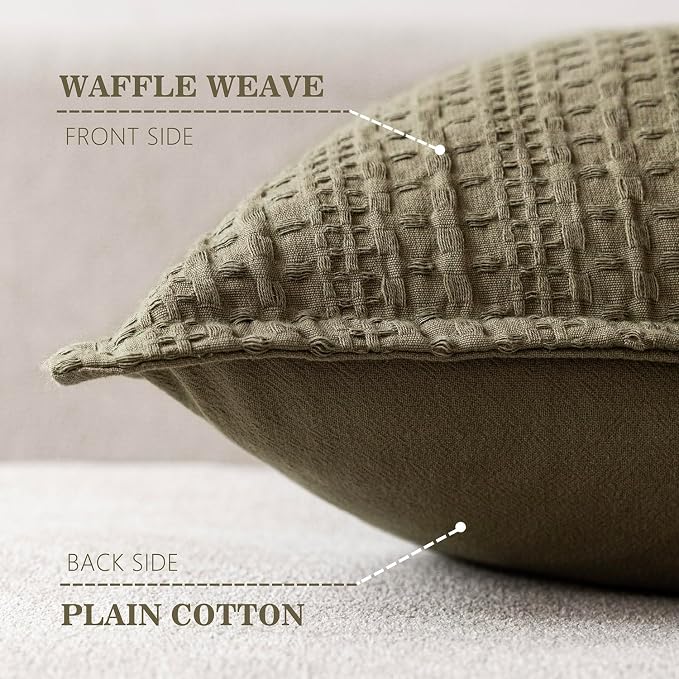 Foindtower Set of 2 Decorative Cotton Waffle Weave Throw Pillow Covers Euro Shams Cushion Covers Accent European Pillowcase for Bed Couch Sofa Bedroom Living Room Home Decor 22×22 Inch Olive Green