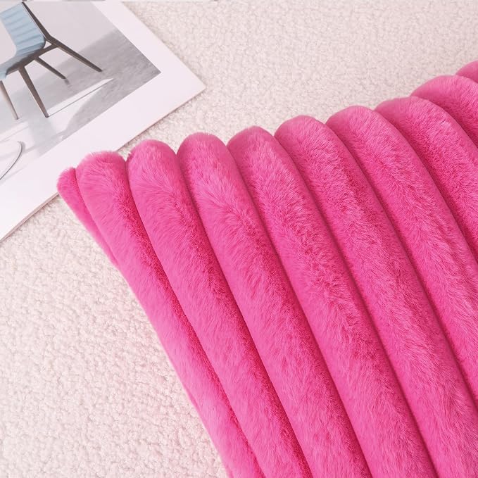 Pallene Faux Fur Decorative Throw Pillow Covers 12x20 Set of 2, Hot Pink | Luxury Plush Texture, Striped Design, Cozy Soft Touch, Modern Home Accent Decor for Couch, Sofa, Bed, Living Room