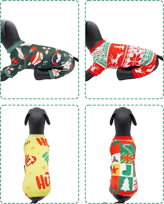 PET SHOW 4 Pack Christmas Fleece Dog Pajamas Warm for Small Dogs | Soft stretchy dogs onesies,boy girl pjs with sleeve,holiday jumpsuit costume for small pets cats,S