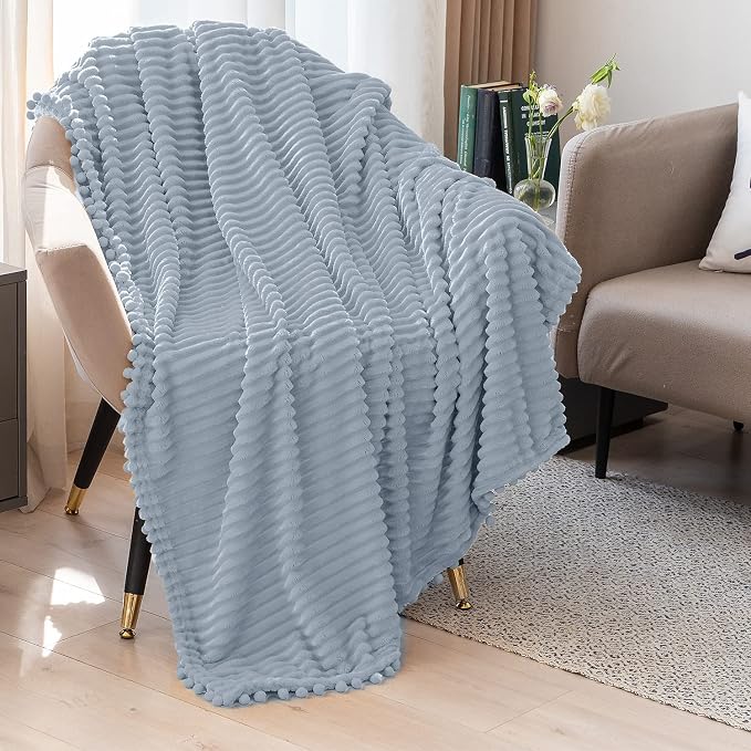 DISSA Fleece Blanket Queen Size – 71x80, Grey – Soft, Plush, Fluffy, Fuzzy, Warm, Cozy – Perfect Throw for Couch, Bed, Sofa - with Pompom Fringe - Flannel Blanket