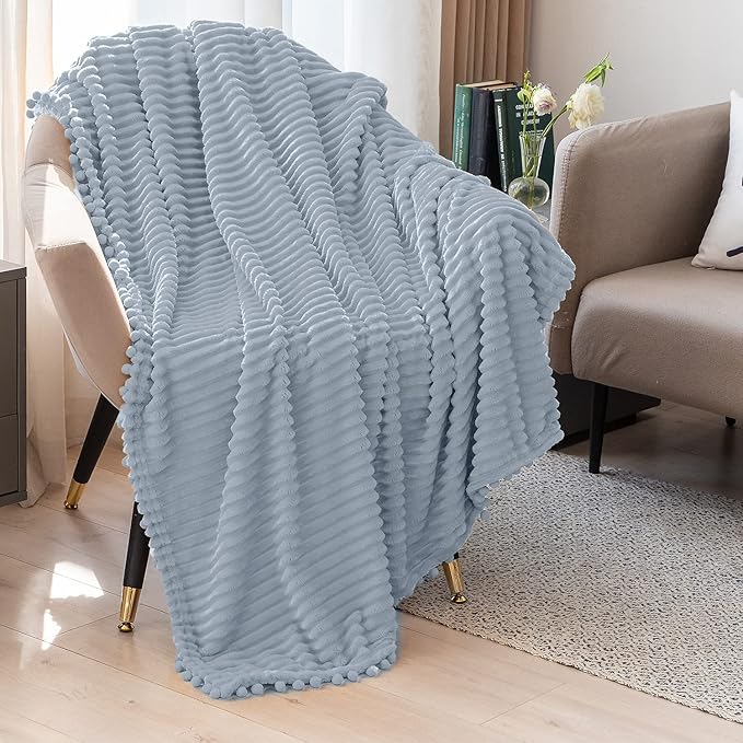 DISSA Fleece Blanket Throw Size – 51x63, Grey – Soft, Plush, Fluffy, Fuzzy, Warm, Cozy – Perfect Throw for Couch, Bed, Sofa - with Pompom Fringe - Flannel Blanket Throw Blanket