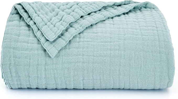 Love's cabin 100% Cotton Muslin Blanket, 6 Layer Lightweight Breathable Gauze Twin Size Blanket 60 x 80 Inches, Soft Summer Blanket for Bed or Couch, Cyan