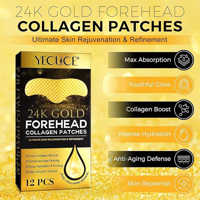 24K Gold Forehead Patches, 20 Minute Wrinkle Smoothing Patches with Dual Collagen & Hyaluronic Acid, Anti Aging Face Patches for Visible Results, Luxury Skin Care Treatment for Fine Lines (12 Pcs)