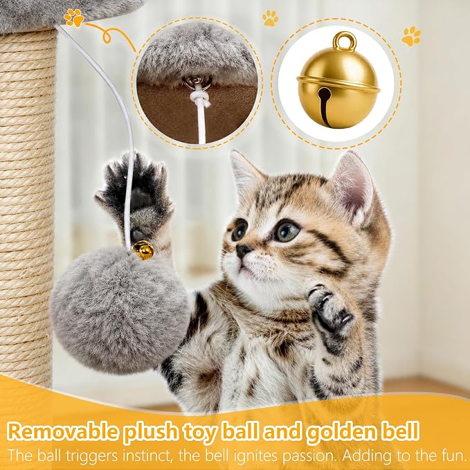 BEWISHOME Cat Tree with Scratching Post, Cat Tower for Indoor Cats | Cat Trees with Cat Bed for Adult Cat or kitten, Cat Condo and Cat Toy Balls Playful, Gray MMJ97G