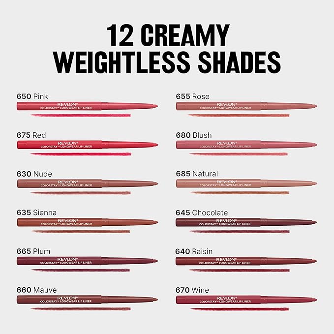 Revlon Colorstay Lip Liner Makeup with Built-in-Sharpener, Longwear Rich Colors, Stocking Stuffer for Women, 655 Rose, 0.01 oz