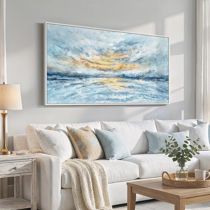 Large Framed Coastal Abstract Wall Art for Living Room, Horizontal 30x60 In | Blue and gold canvas prints, Ocean landscape paintings, Modern artwork for walls, Wall decor for bedroom dining room office