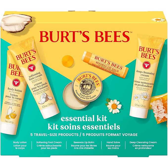 Burt's Bees Mothers Day Gifts Ideas - Essentials Everyday Set, 5 Travel Size Products - Deep Cleansing Cream, Hand Salve, Body Lotion, Foot Cream and Original Lip Balm