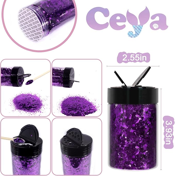 Ceya Chunky Glitter, 4.9oz/ 140g Aubergine Purple Craft Glitter Powder Mixed Fine Flakes Iridescent Nail Sequins for Nail Art, Hair, Epoxy Resin, Tumblers, Slime, Painting, Festival Decor