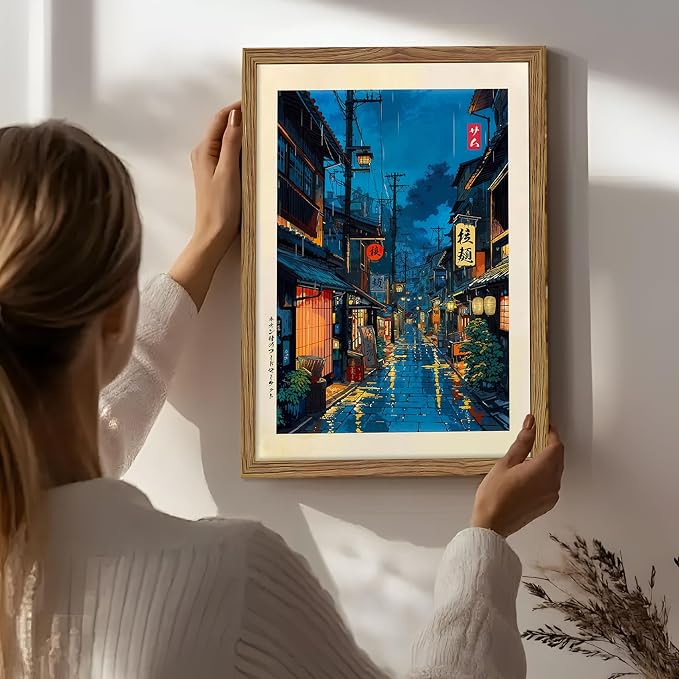 Framed Japanese Wall Art, Asian Tokyo Tea House Canvas Wall Decor Painting, Cool Japanese Night Posters Prints Pictures for Bedroom Living Room Bathroom Home Decor 16x24 Inch