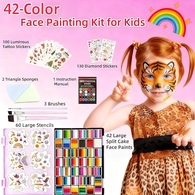 148 Colors Professional Face Painting Kit for Kids | Non-Toxic, Hypoallergenic Water Activated Split Cake Face Paint Palette with 42x10g Cakes | Stencils & Brushes | Halloween , Easter, Party Makeup