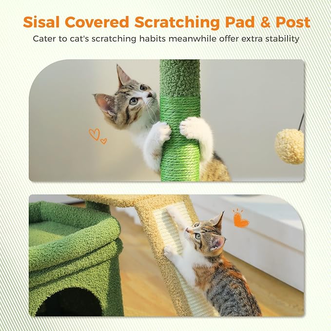 PEQULTI Cat Tree for Small Medium Cats, Green Cat Tower for Indoor Cats | Private cozy cat condo,soft top perch, natural sisal scratching posts & plush pom-pom toy