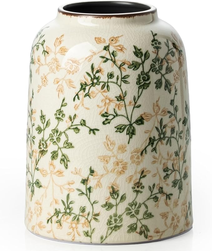 Ceramic Flower Vase for Home Decor, Vintage Green Farmhouse Vase 8 Inch | Rustic Farmhouse Floral Vase for Entryway, Mantel, Coffee Table, Living Room, Kitchen, Bookshelf, Wedding Centerpiece