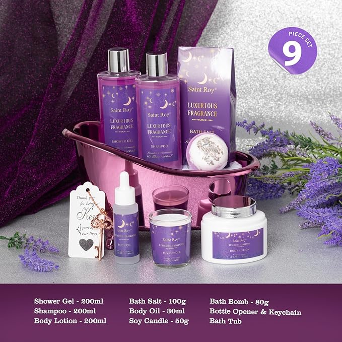 Mothers Day gift Bath Basket Spa Kit Spa Gifts for Women, Bath and Body Basket Set 10pcs Self Care Kit Lavender Scent Birthday Gifts Skin Care Set, Christmas Gifts for Women, Beauty kits Bridal Shower