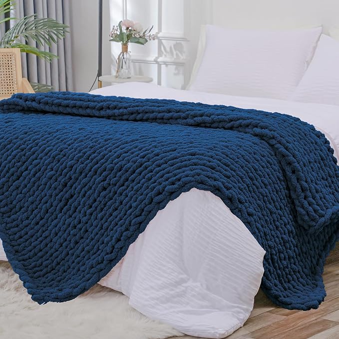 Bigacogo Chunky Knit Throw Blanket for Couch, 51x63 inches, Navy Blue | Hand Knit with Jumbo Chenille, Soft Breathable Cable Knit for Sofa Bed Living Room, Machine Washable, Gift for Mom Friend