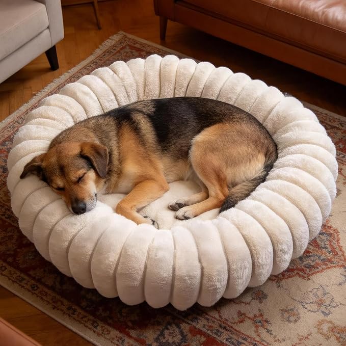 Donut Dog Beds Medium Large Size Dog Washable Pet Bed,31in White | Cozy Calming Round Cuddler, Fluffy Faux Rabbit Fur, Non-Slip Bottom, Anti-Anxiety, Circle Bed for Large Pets Up to 40 Lbs