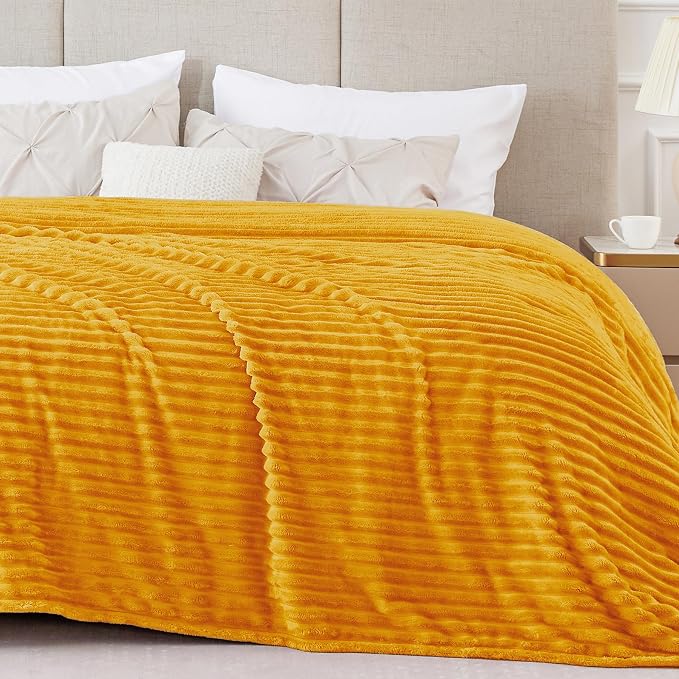 BEDELITE 3D Ribbed Mustard Yellow King Size Blankets for Bed, 108x90 Inch | Soft Warm Decorative Fluffy Blanket, Cozy Fuzzy Lightweight Plush Fleece Throw Blankets for Bed, Room Decor, Gift for Women