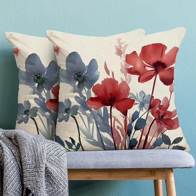 Floral Pillow Covers 20x20 Inches Set of 2 Independence Day Blue Red Floral Throw Pillow Covers Outdoor Rustic Spring Summer Flower Pillowcase Farmhouse Decorative Cushion Cover For Sofa Couch