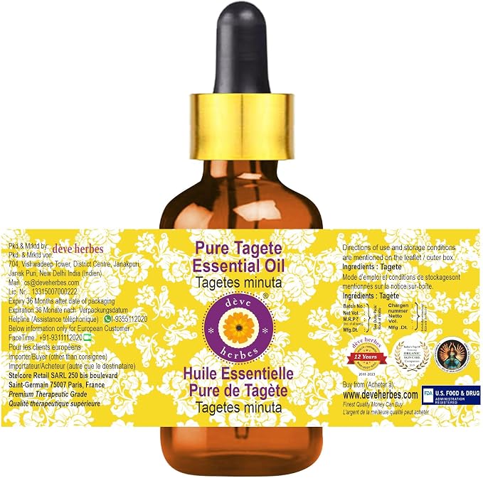 Deve Herbes Pure Tagete Essential Oil (Tagetes minuta) with Glass Dropper Steam Distilled (Pack of Two) 100ml X 2 (6.76 oz)