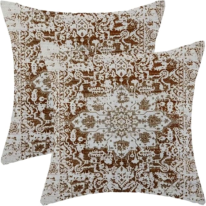 AEIOAE Boho Pillow Covers 24x24 Inch Set of 2,Brown Beige Carpet Pattern Throw Pillows Case,Ethnic Design Retro Outdoor Decorative Square Linen Farmhouse Decor Cushion Covers for Home Sofa Couch