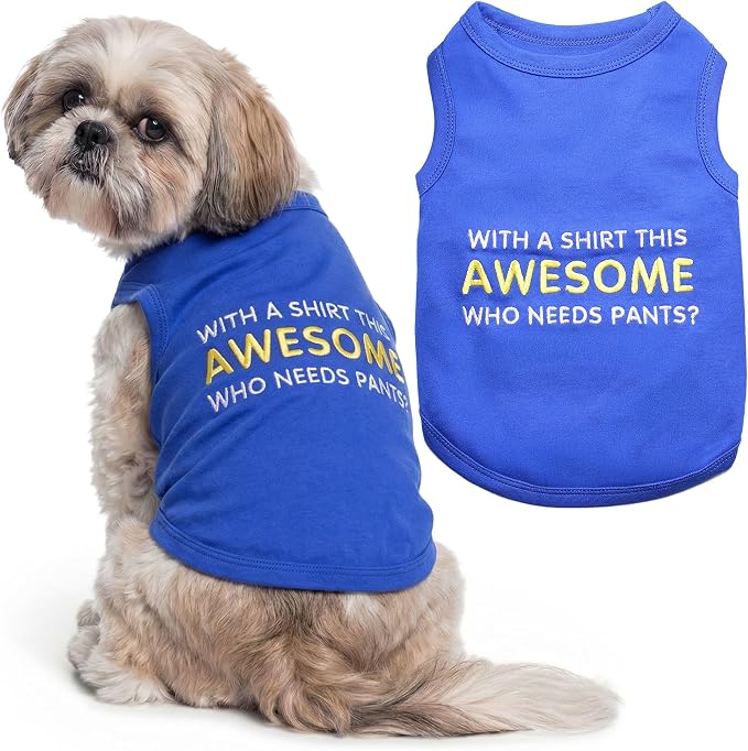 Parisian Pet Dog Tshirt - Embroidered “ Awesome “ Tank Top - Pure Cotton and Lightweight Dog Clothes - Blue Pet Vest - Sleeveless Tee Shirts for Medium Dogs Boy