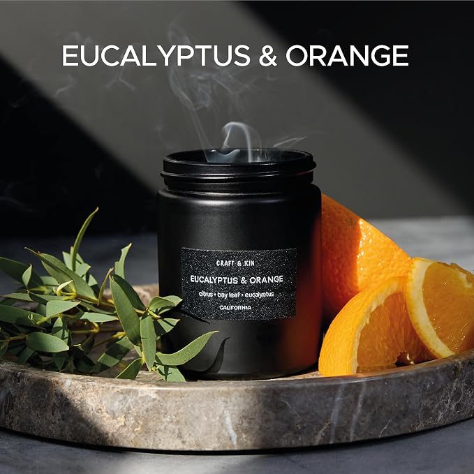 Craft & Kin Premium Scented Candle Bundle - Orange & Eucalyptus Candles, 7.6oz & Smoke & Vanilla Candle, 7.6oz - Long-Lasting 45-Hour Burn