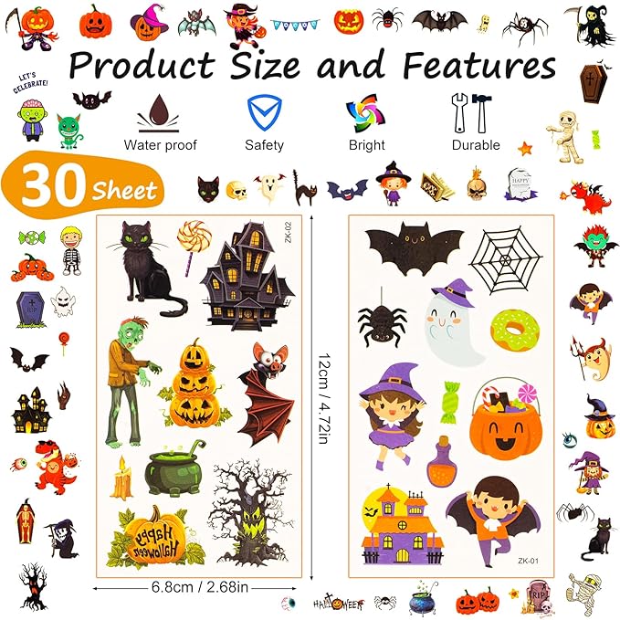 Tattoos for Kids, 300+ Mixed Styles Halloween Temporary Tattoos Stickers Set for Girls and Boys, Tattoos for Kids Birthday Party Decorations Supplies Halloween Goodie Bag Fillers