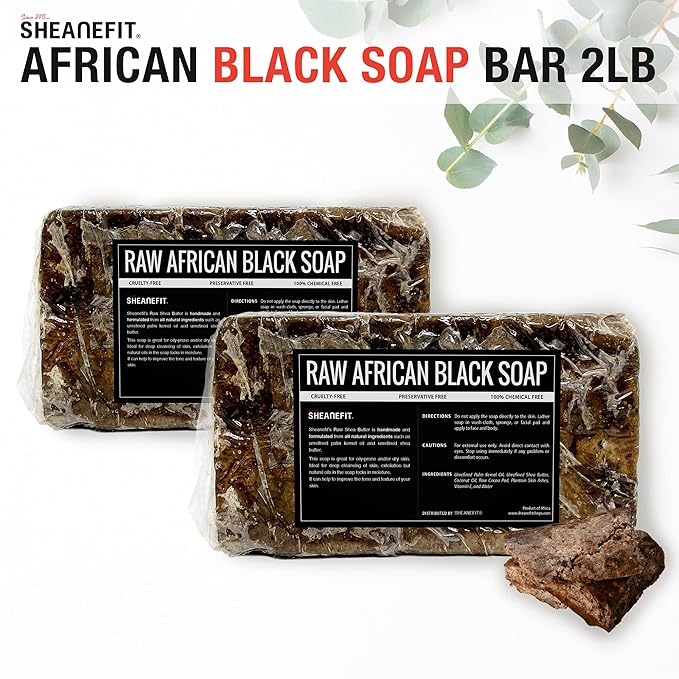 Sheanefit Raw African Black Soap Bar - For All Skin Types - Face, Body, Hair Soap Bulk Bars (15 Ounce (Pack of 2))