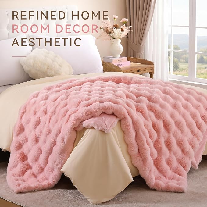 Faux Rabbit Fur Throw for Couch - Blush Pink Bubble Blanket 50"x60" | Fluffy Plush Fuzzy Throw for Sofa & Bed, Super Soft Cozy Comfrt Blanket, Luxury Aesthetic Pink Decor Gift for Women