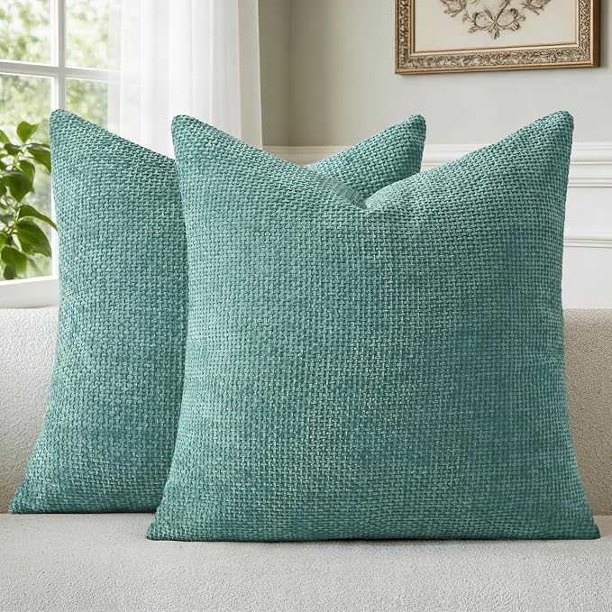 a moment Teal Chenille Throw Pillow Covers 18x18 Inch Pack of 2 Modern Decorative Throw Pillow Covers Farmhouse Cross Covers Home Decor for Sofa Bedroom Living Room