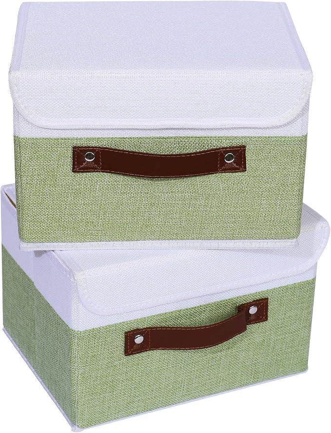ANMINY Fabric Storage Box Bins with Lids, Green White, 10"x8"x7", 4 Pack | Keepsake Memory Storage, Cotton Linen, PP Board Reinforced, Washable, PU Handles, Foldable & Stackable, Decorative, Small