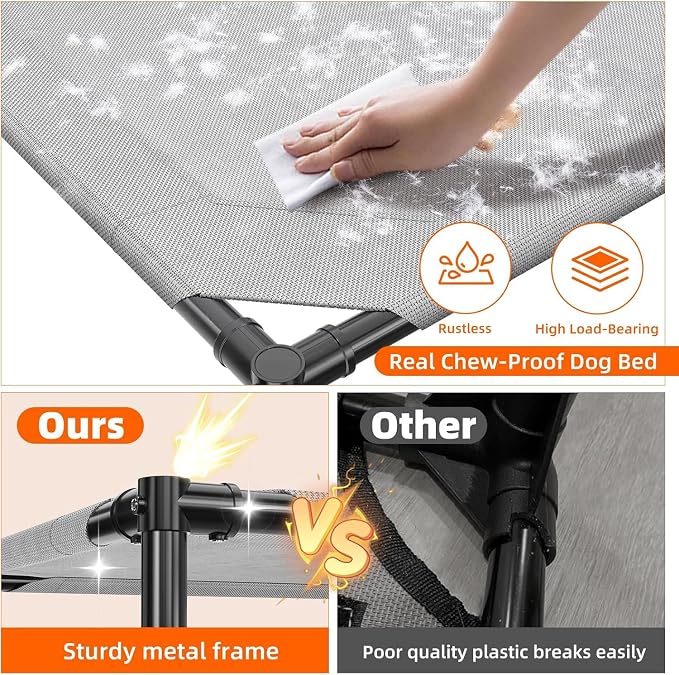 Simple Trending Raised Dog Bed for Large Dogs, Outdoor Elevated Dog Cot | Washable Breathable Mesh, Waterproof Cooling Pet Bed, Portable Pet Cots, Anti-Slip Feet, Easy to Clean, 42" x 31", Grey